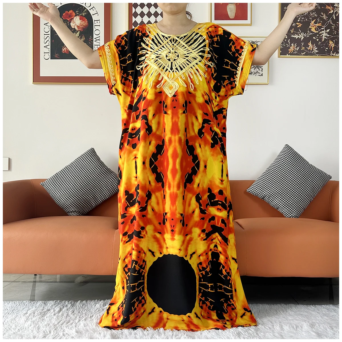 2 Pieces African Dashiki Floral Printing Loose Cotton Caftan Lady Summer Maxi Casual Dresses With Scarf  Vestidos Short Sleeve