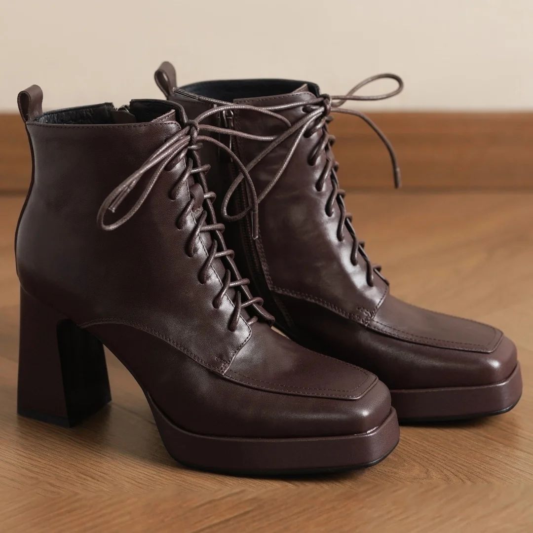 

Women's cow leather squarer toe side zip lace-up autumn ankle boots sexy ladies 8.5cm ultra high heel platform night club boots