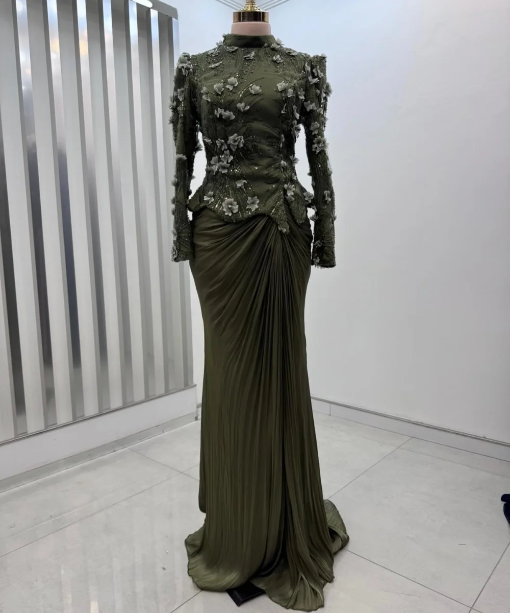 Customized Classic Pleat Sequined Pattern Flower Trumpet High Collar Long Bespoke Occasion Party Dresses Chinese Style