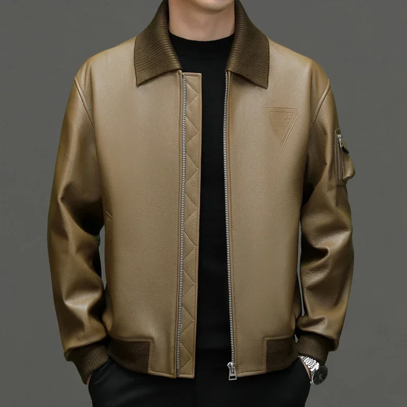 2024-Autumn and Winter New Men's Fashion Business Solid Color Leather Casual Slim Gentleman Windproof Lapel Jacket Goat Coat