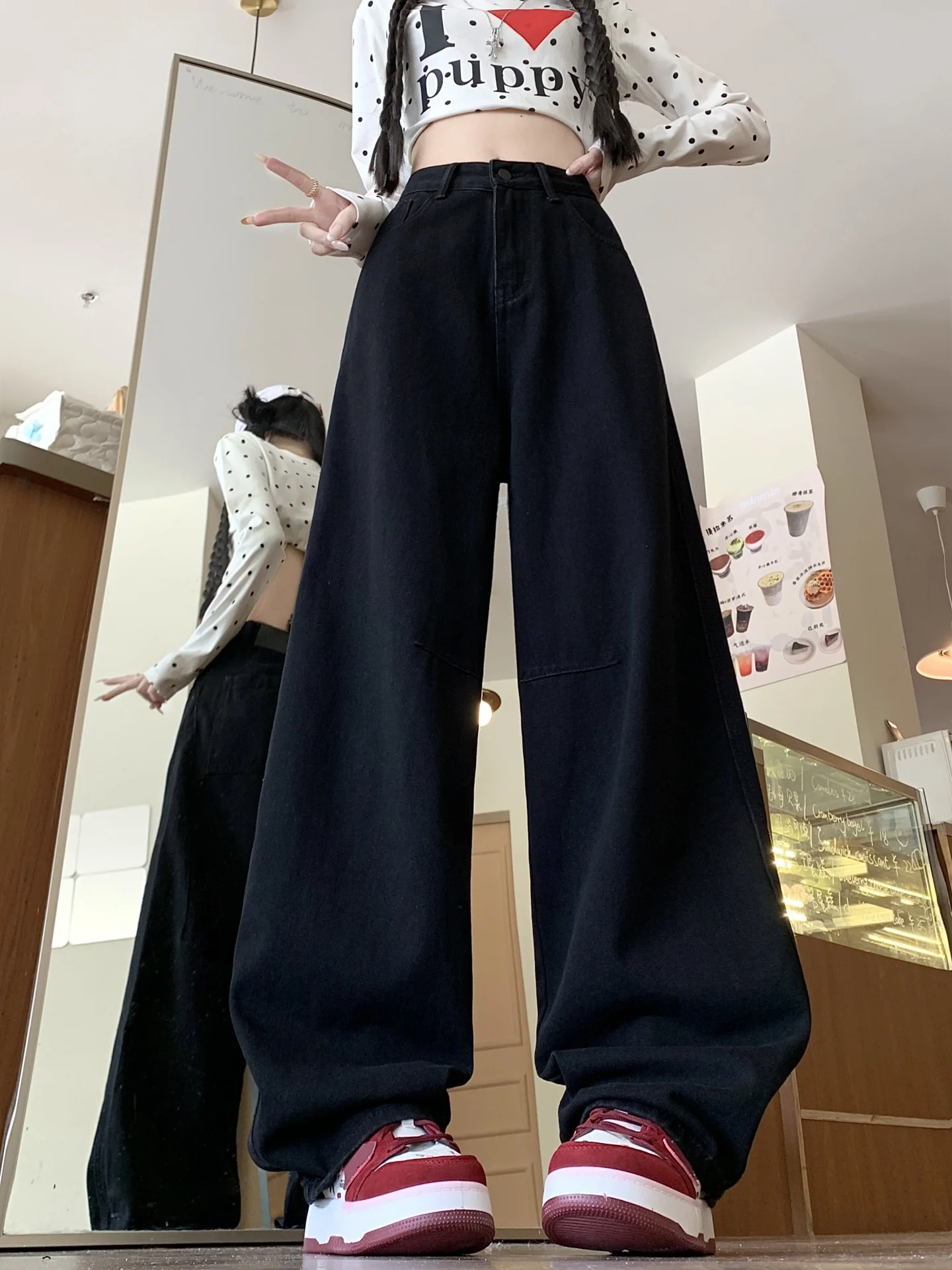 

Широкие джинсы с высокой талией, женские свободные брюки прямого кроя, осенние новые брюки больших размеров для похудения