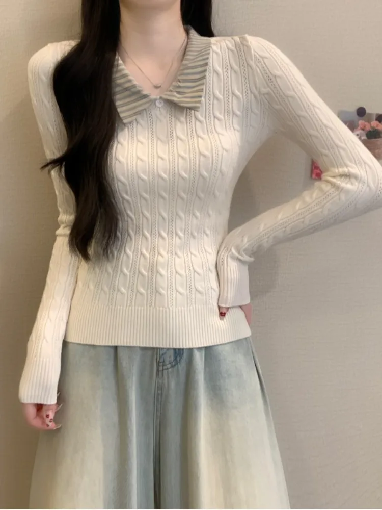 Slimming V-Ne Knitted Top Women's Autumn Winter Faion Sweet Sle Thiened Wool Blend Slim Fit Stripe Design Knitwear