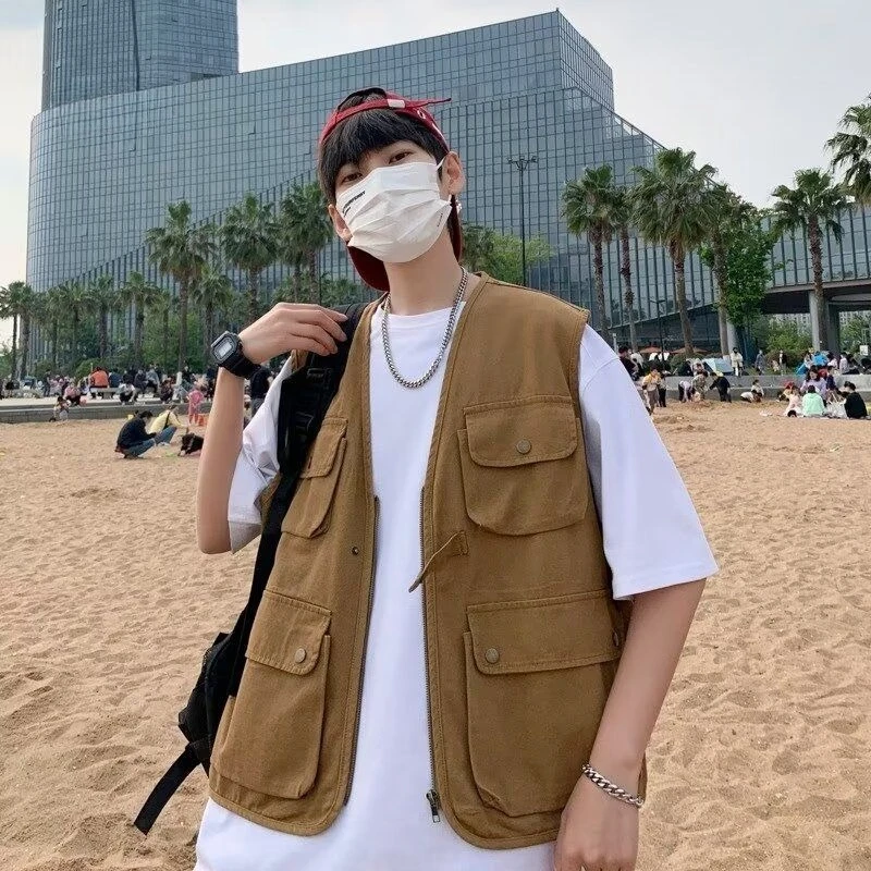 

Летняя тонкая американская ретро спецодежда с несколькими карманами, жилет без рукавов, универсальная и стильная верхняя одежда