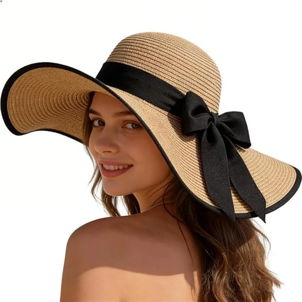 Wide Brim Straw Hat Women Summer Large Floppy Beach Cap Foldable Outdoor Protection Sun Hat Travel Vacation Beach Hat