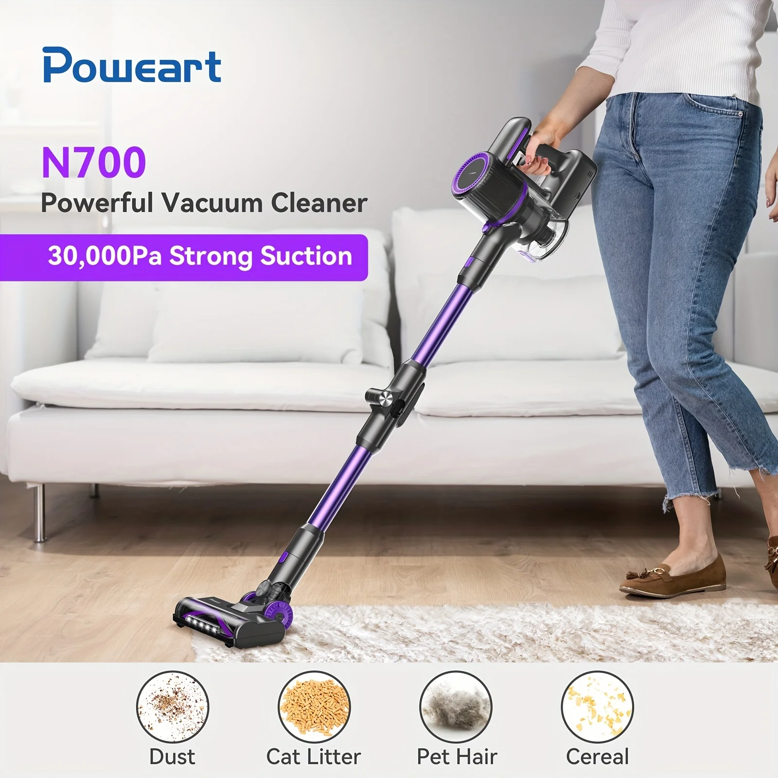 POWEART N700 Cordless Vacuum Cleaner 30Kpa Powerful 8-in-1 Stick Vacuum 180° Foldable Wand Lightweight Handheld of Home Cleaners