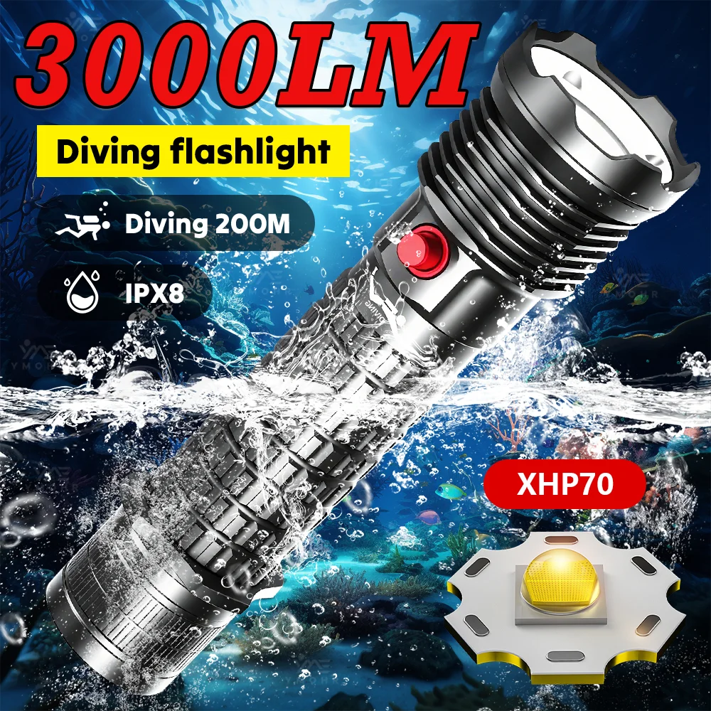 مصباح تحت الماء مستوى التأمين من الماء IPX8 مقاوم للماء عالية الطاقة الغوص مصباح يدوي مصباح يدوي تحت الماء مقاومة الانزلاق300000LM الألومنيوم الغوص الشعلة USB قابلة للشحن مصباح غوص بالطاقة مصباح تحت الماء