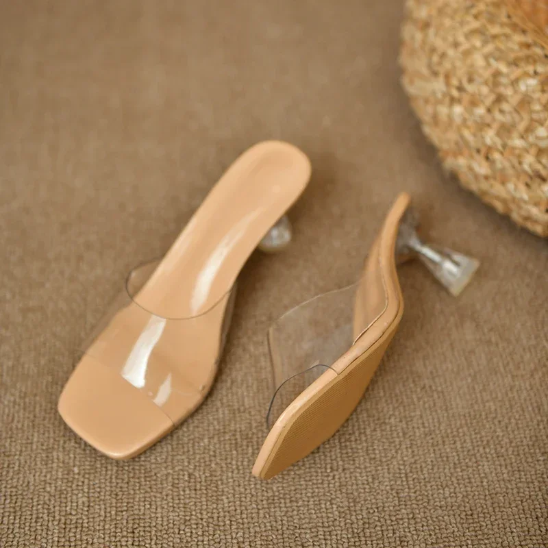 Transparent PVC Slip On Slippers  Wedge Sandals In Silver sleek square toe and flared heel  metallic color women shoes