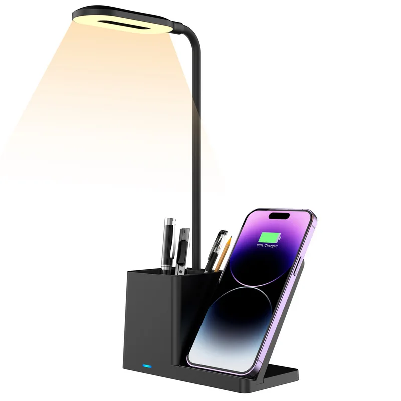 3-in-1 Desk Lamp with 15W Wireless Charger, Pen Holder Phone Stand,Stepless Dimming 3 Color Temperatures Touch Control LED Light