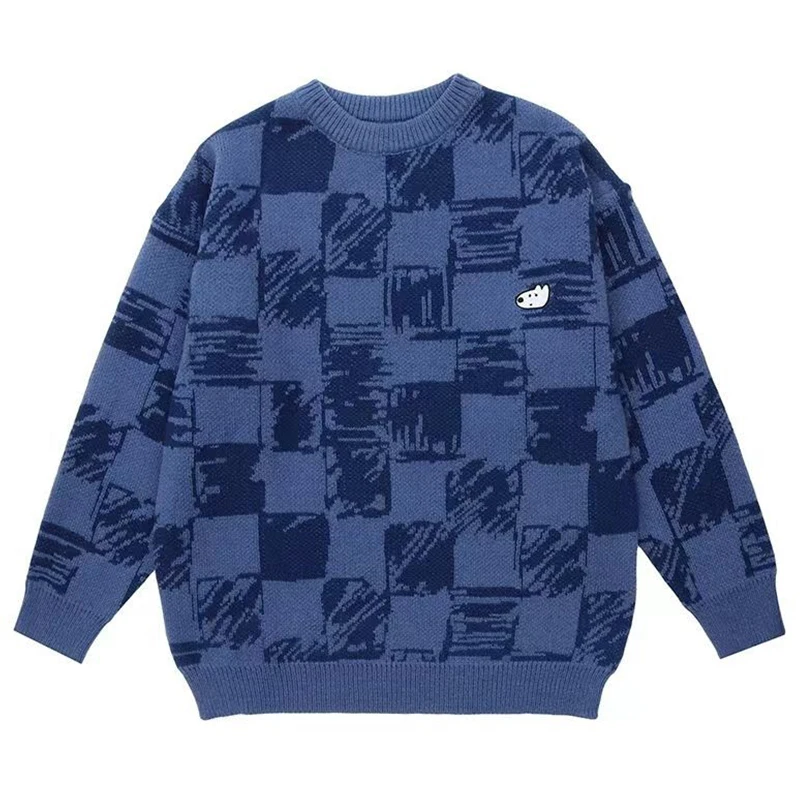 

Japanese Plaid Sweater Winter Men Cartoon Embroidery Harajuku Knit Pullover Jumper Oversize Y2k Vintage Women Sweater Knitwears
