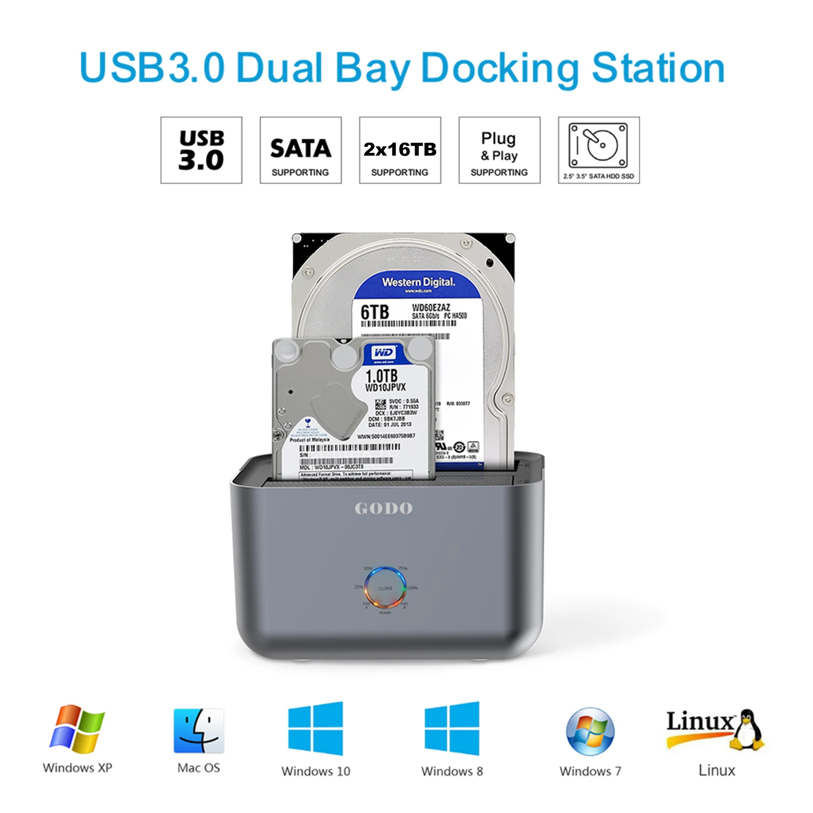 Imagem -03 - Godo-dual Bay Hard Drive Dock com Led Indicador Docking Station Usb 3.0 tipo c 2.5 3.5 Hdds Ssd