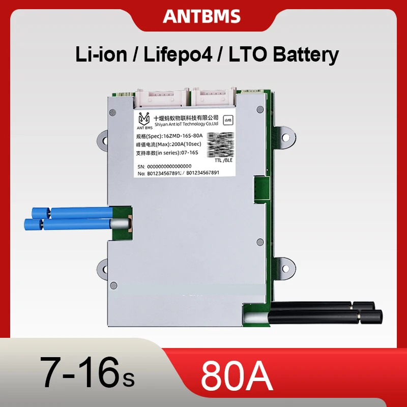 ANT BMS 7-16S 24V 36V 48V 60V 72V 80A 200A Li-ion LifePo4 Lituium Battery built-in BT APP NTC TTL smart Balance 8S 10S 12S 13S