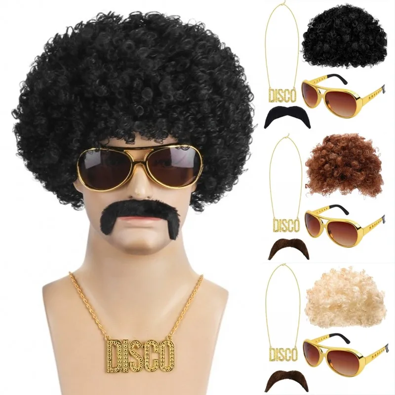 4 PCS Set Mens Halloween Cosplay Party Synthetic Wig Glasses+DISCO Necklace+Beard +Wigs Fluffy Curly Hair Wig Headcover Props