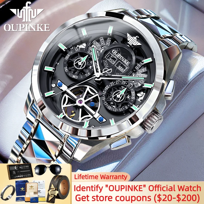 

OUPINKE 3233 Men's Automatic Mechanical Watch Multifunctional Calendar Tungsten steel Strap Skeleton Men's Watch