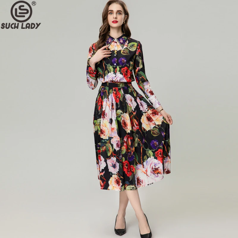 

Women's Runway Designer Two Piece Dress Turn Down Collar Beaded Long Sleeves Printed Shirt with Floral Skirt Fashion Twinset Set