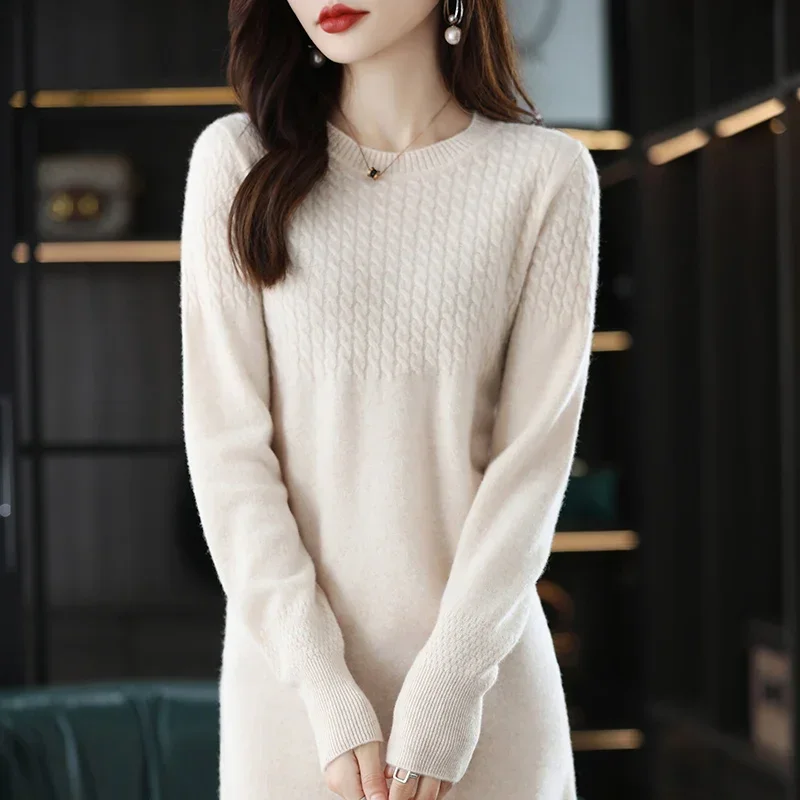 

Tailor Sheep Pullover New Women's 100% Pure Wool Dress Solid Color Knitted Long Sleeve Slim Long Dress Sweater Round Neck