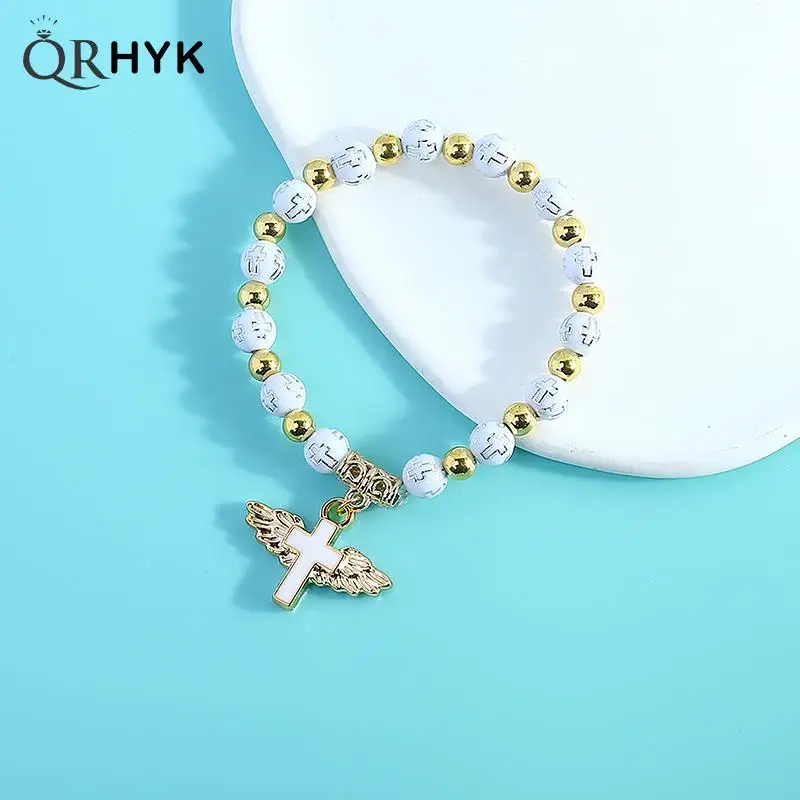 Fashion Stretch Bracelet Angel Cross Pendant Rosary Beads Bracelet Religious Jewelry Travel Souvenir Gift For Girl Women