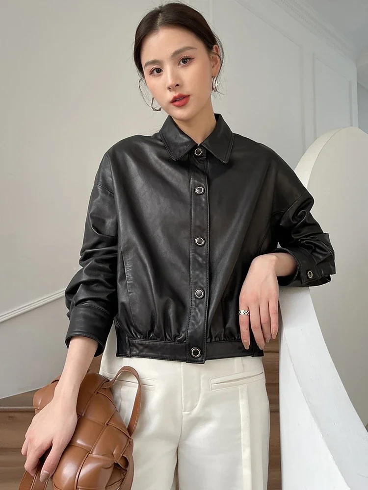 

Casual Genuine Leather Cropped Jackets for Women Spring Autumn High-end Simple Single Breasted Soft Black Real Sheepskin Coat
