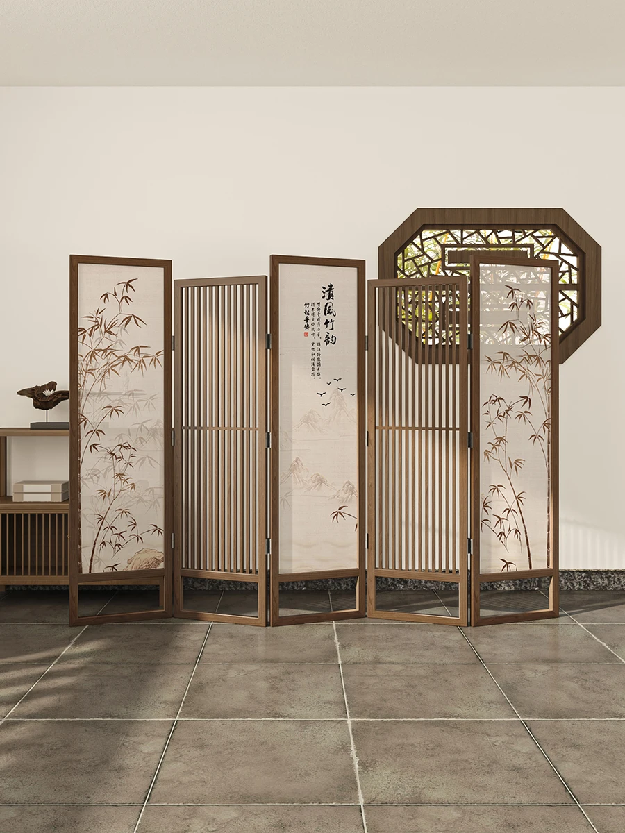 Screen folding mobile living room partition solid wood grille bamboo modern simplicity