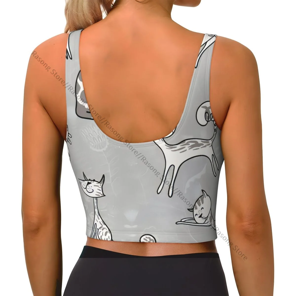 Women Sexy Sports Vest Cats Posing Over Floral Feline Kitten Kitty Cartoon Print Female Streetwear Sport Lingerie Tee Crop Top