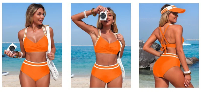 Damen-Bikini-Set mit hoher Taille, Twist-Front und überkreuztem Rücken, zweiteiliger Badeanzug, Retro-Badeanzug mit Bauchkontrolle, Sommer-Strand-Bademode – Detail 8