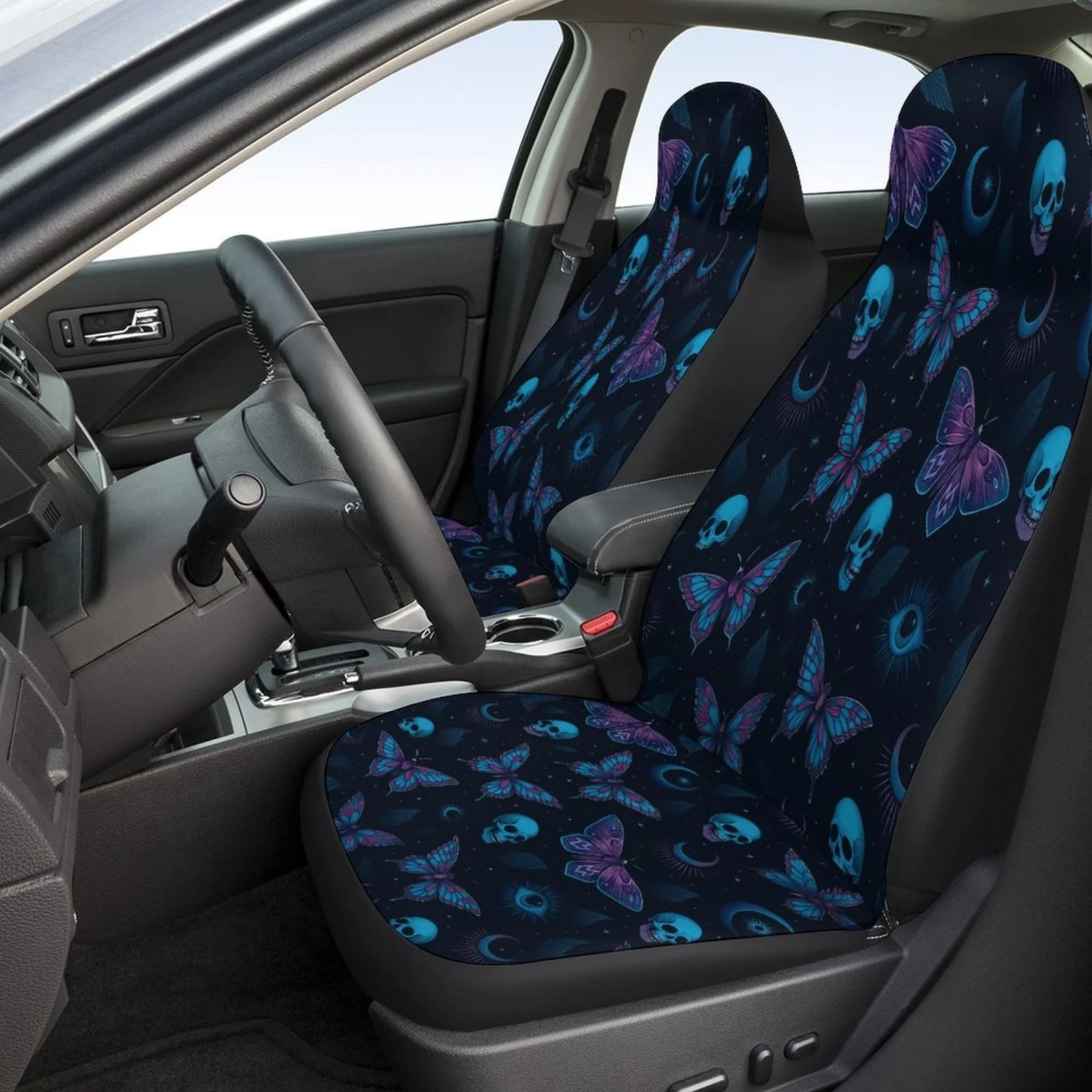 A Complete Set Of Car Seat Covers Featuring A Mystical Skulls And Butterflies Design, Suitable For Most Vehicles. These Stylish