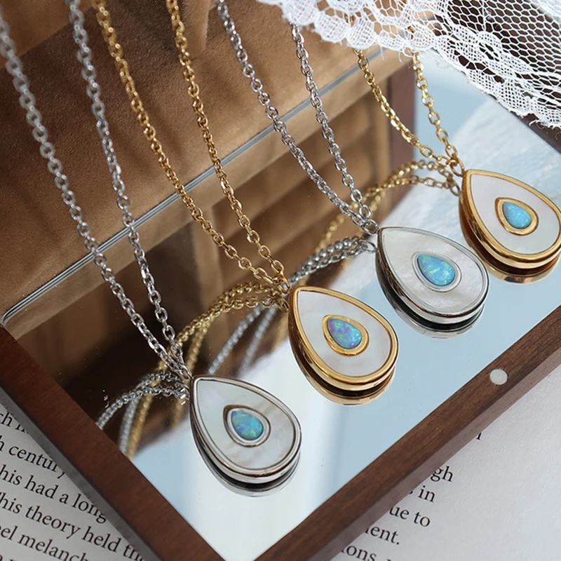 New Sparkle Blue Opal White Shell Avocado Pendant Necklace Stainless Steel Waterdrop Charm Collar Waterproof Jewelry for Women