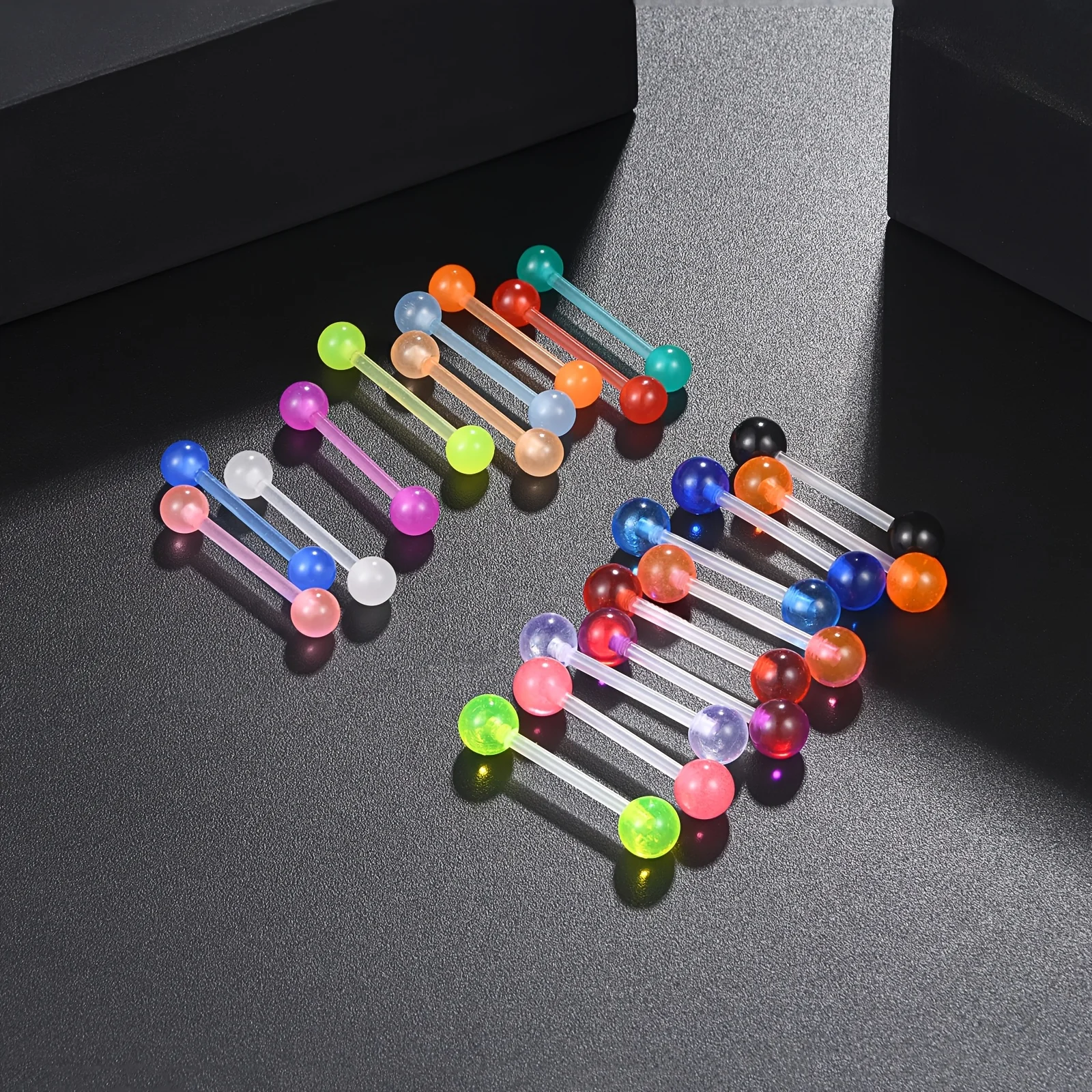 A Set of 20pcs of 14G Glow-In-The-Dark Industrial Bars, Tongue Studs, And Acrylic Straight Barbell Retainers Piercing Jewelry