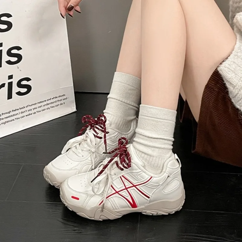 2026 Contrast Double Laces Women's Sneakers Retro Simple Comfort Loafers Fashion Soft Soled Outdoor Women Shoes Tênis Feminino