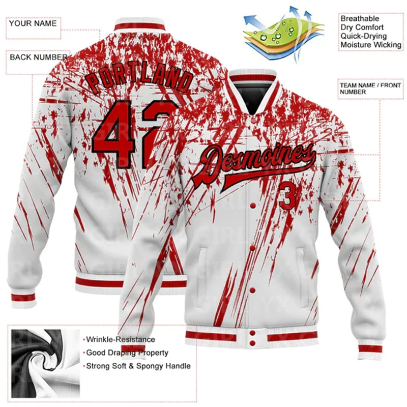 Custom White Red-Black 3D Pattern Design Bomber Full-Snap Varsity Letterman Jacket Baseball Button Jacket