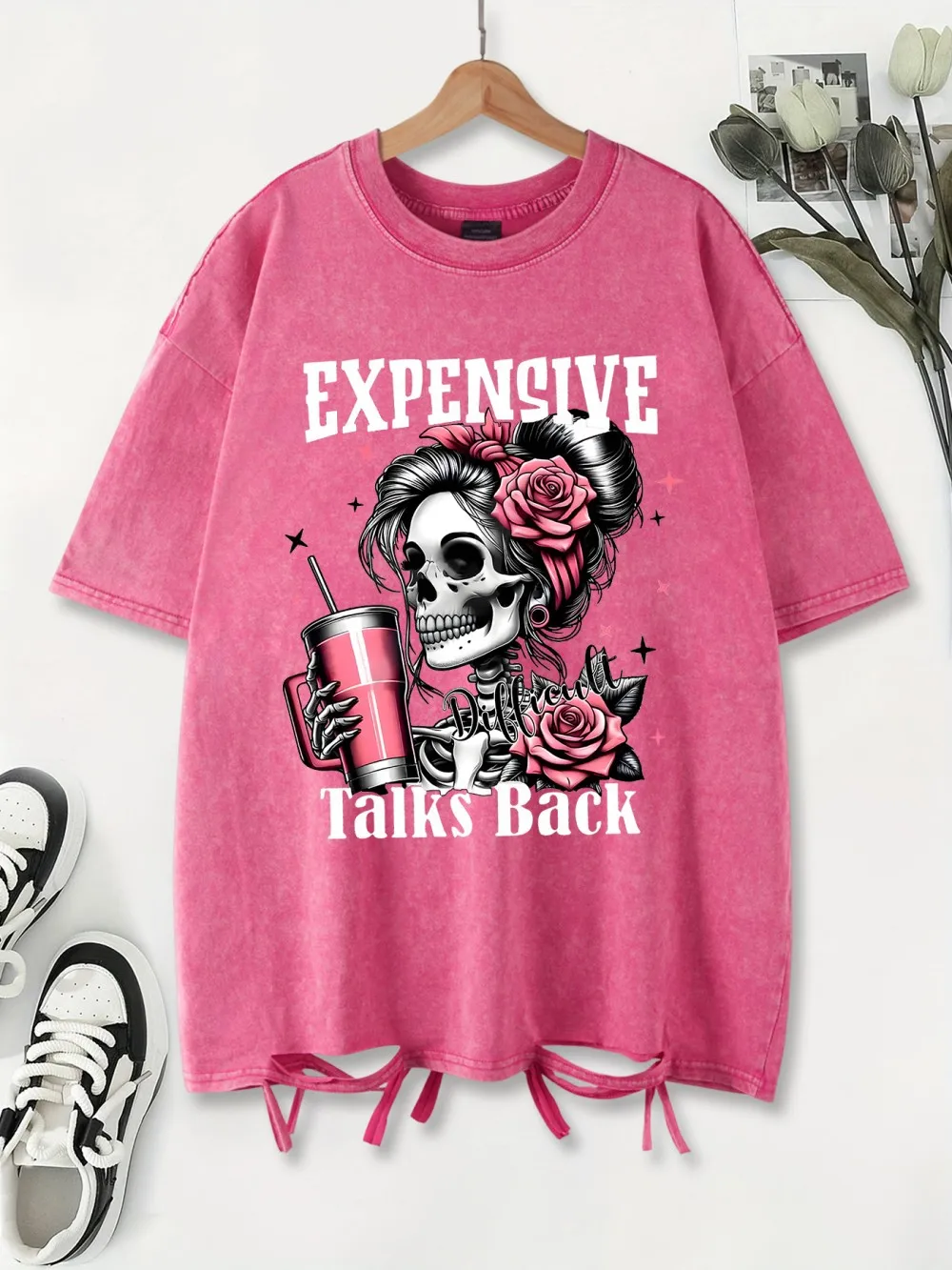 Expensive Talks Back Coffee Mom Print Washed T-Shirts Womens Cottontops Distressed O-Neck Oversize T Shirts Summer Woman Clothes