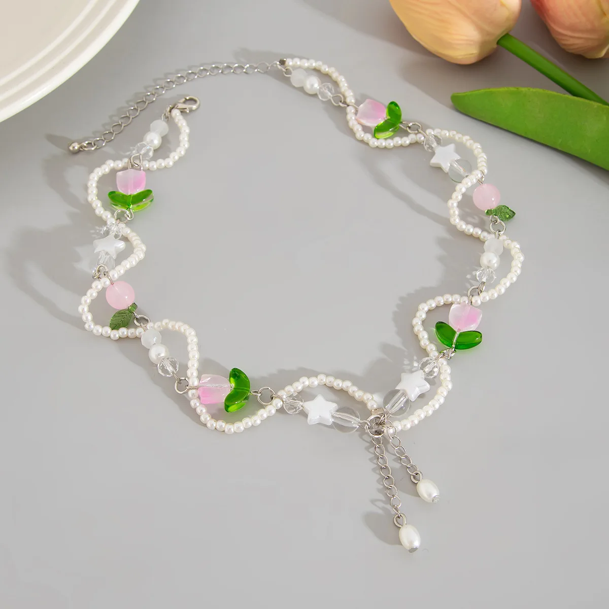 Cottagecore-collar con cuentas de perlas y flores de tulipán, gargantilla con dije de lazo de estrella para mujeres y niñas, regalos de joyería dulce
