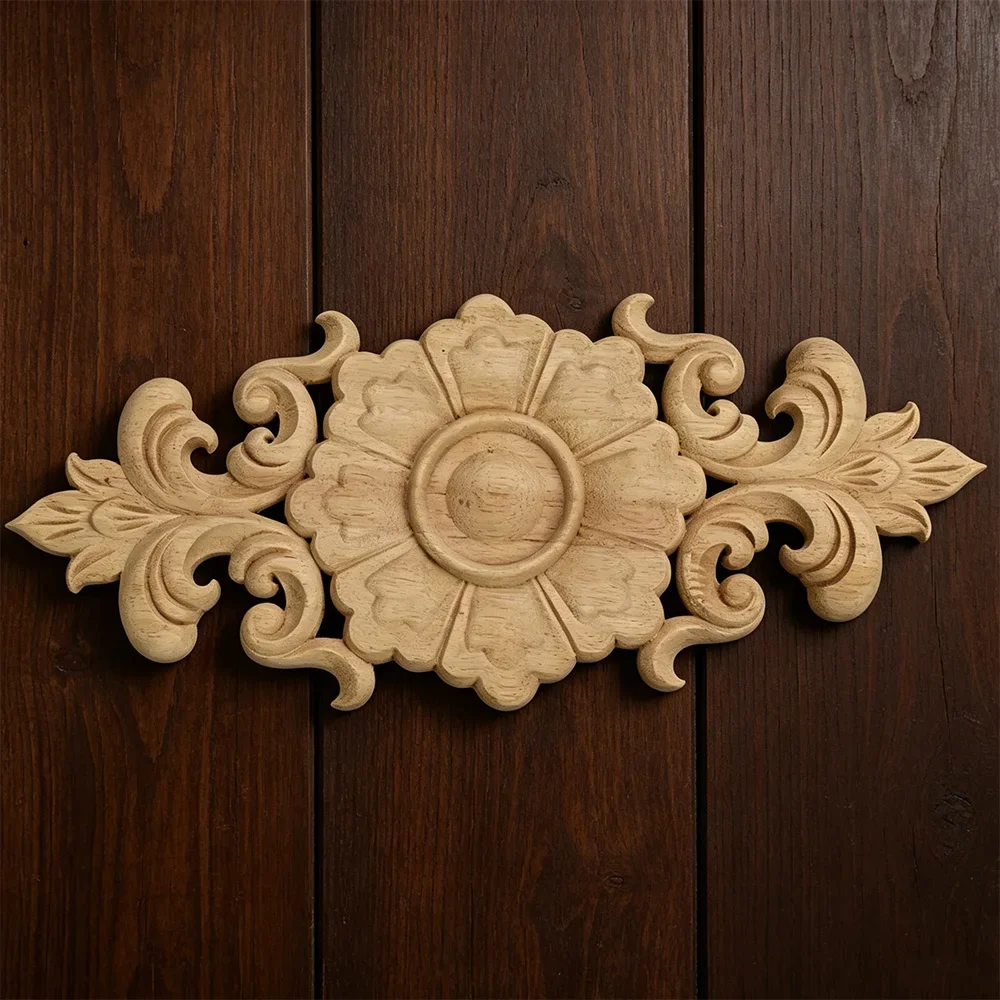2PCS 30-37cm European Style Floral Wood Carved Applique Wooden Decal Architectural Furniture Cabinet Door Frame Wall Home Decor