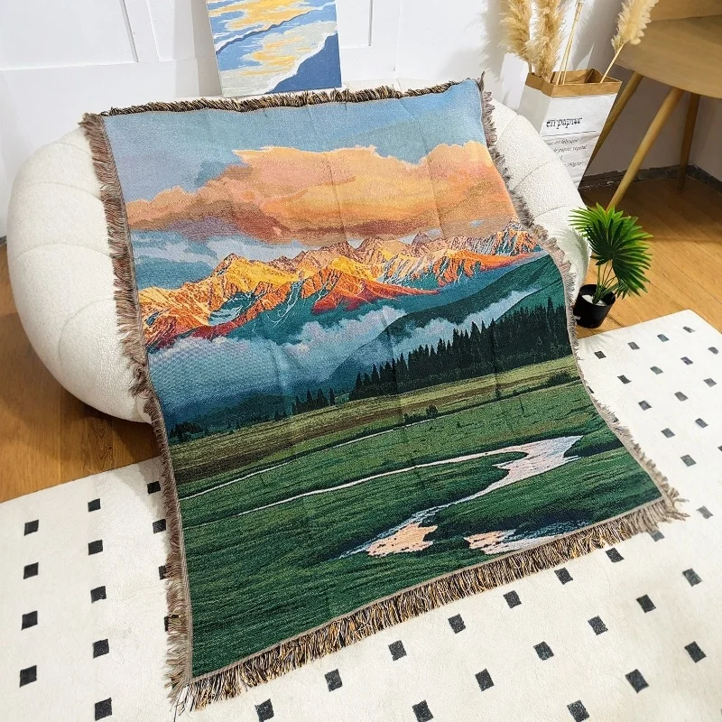 Modern Minimalist Mountain Landscape Throw Blanket - Soft Woven Sofa & Bed Cover for Camping, Picnic & Outdoor Use