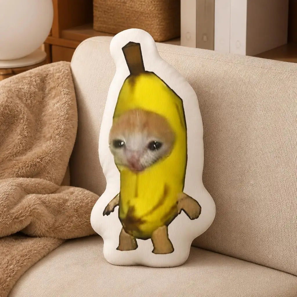 Sad Banana Cat Meme Plush Pillow Shaped Stuffed Cushion Funny Cat in Banana Costume Throw Pillow Sofa Home Decor Gag Gift