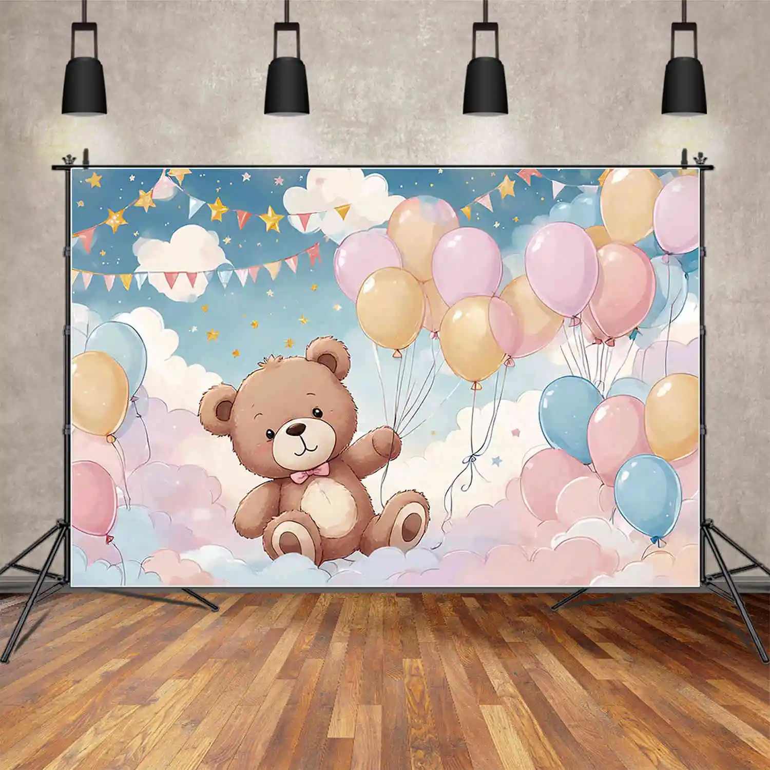 MOON.QG Personalized Birthday Banner Backdrop Teddy Hot Air Balloon Photo Studio Background Baby Gender Reveal Photography Props