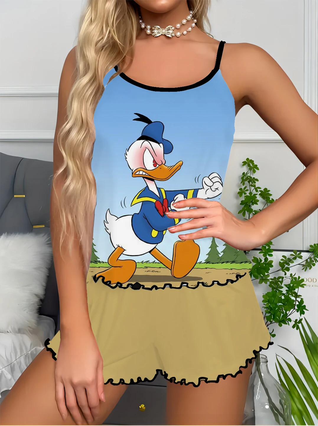 Suspenders Tops Shorts Casual Suit Disney Cartoon Donald Duck Printed Ladies Suspenders Pajamas Satin Fashion Trend Ladies Suit