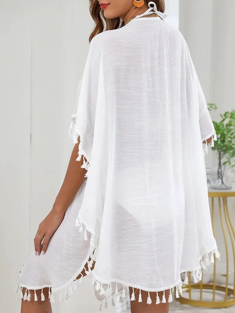 섹시한 여성 반팔 루즈 비키니 커버업 태슬 여성 비치 드레스 속이 비치는 여성 브라질리언 수영복 커버업