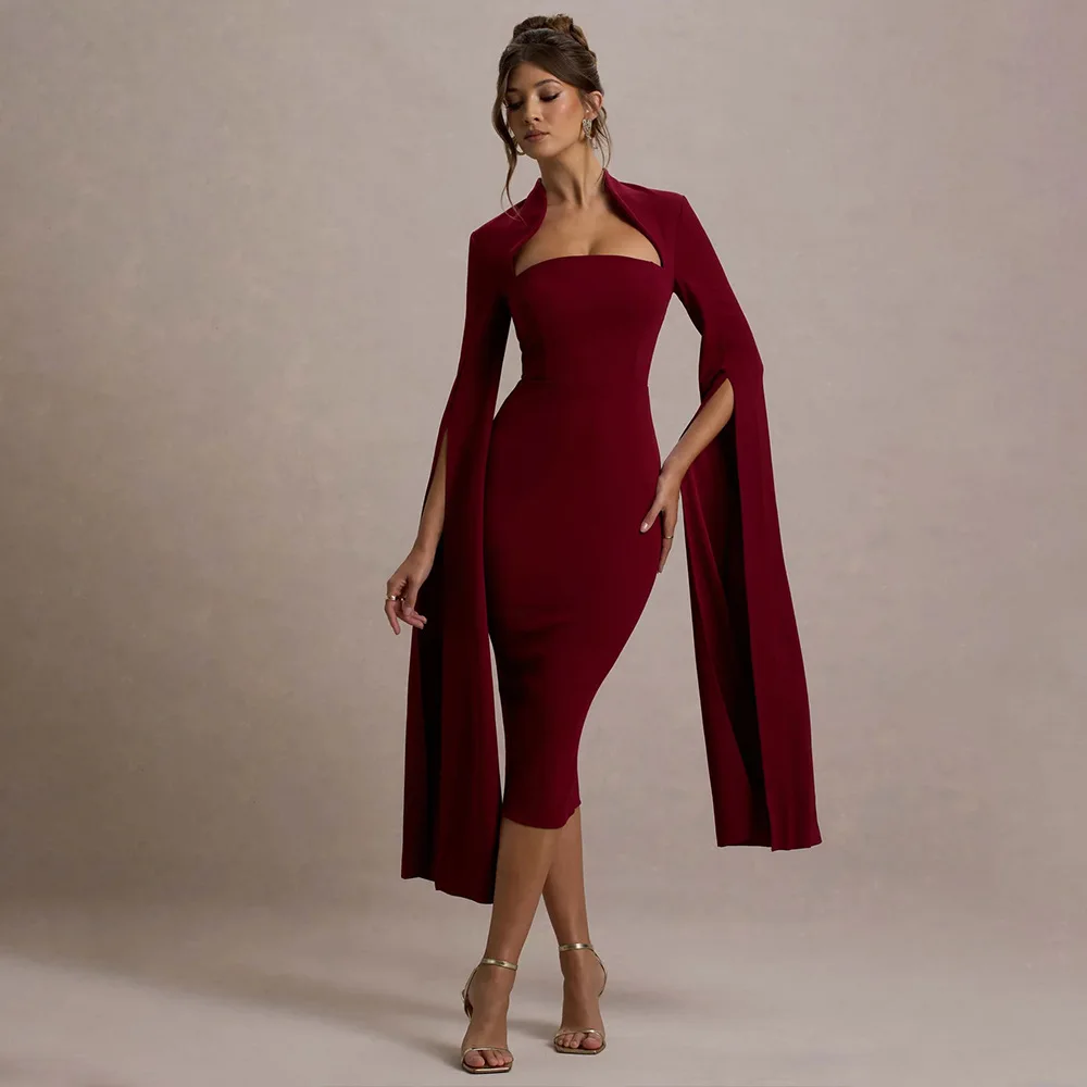 

New women's elegant dress sexy long-sleeved split-ended streamer evening dress hollow mid-length dress sexy temperament elegant