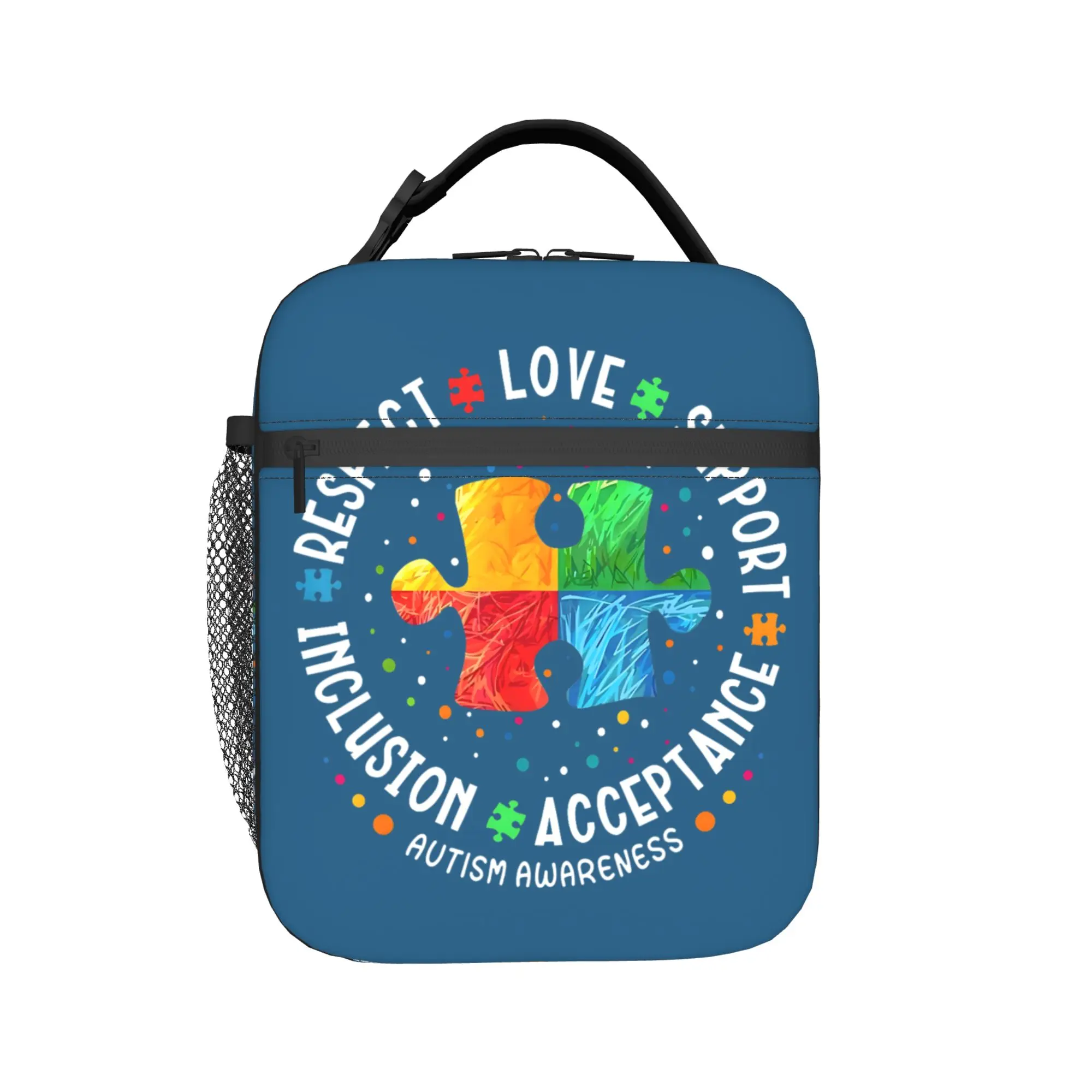Autism Awareness Respect Love Support Blue Autism Lunch Bag Kawaii Lunch Box For Girls Cooler Bag Oxford Thermal Tote Handbags