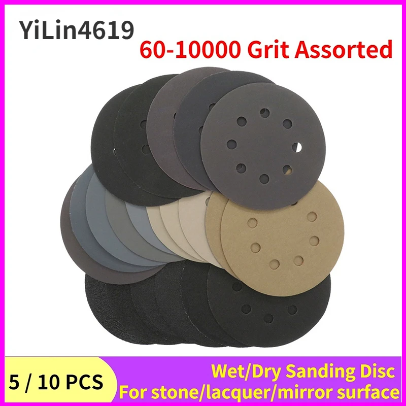 

5inch Sandpaper 125mm 60-10000 Grit Round Shape Sanding Discs Hook Loop Sanding Paper Buffing Sheet Sandpaper 8 Hole Sander Pad