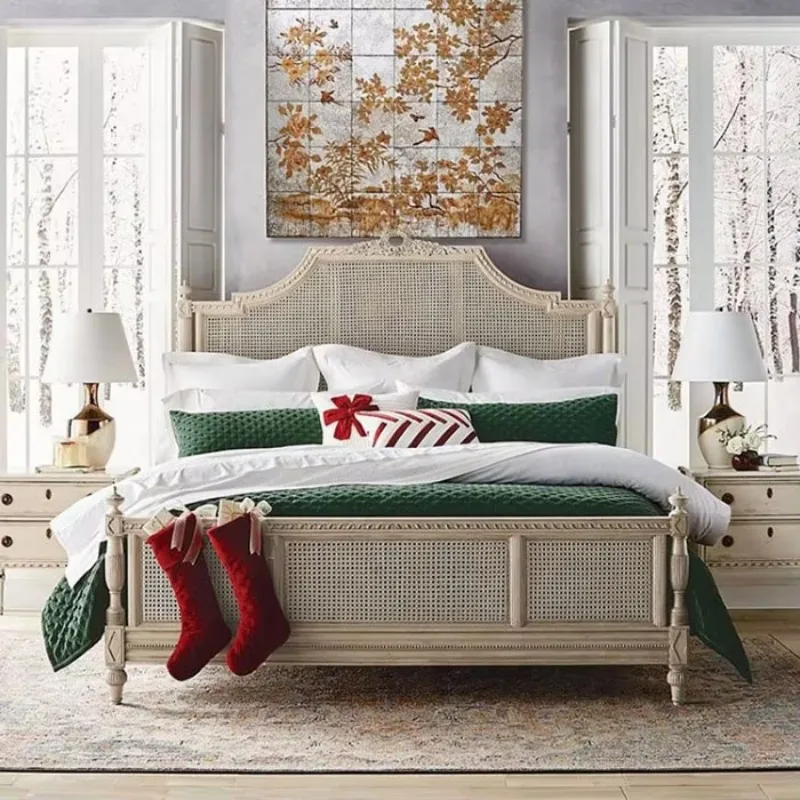 Vintage Bedroom Furniture Wooden Rattan Wicker King Bed