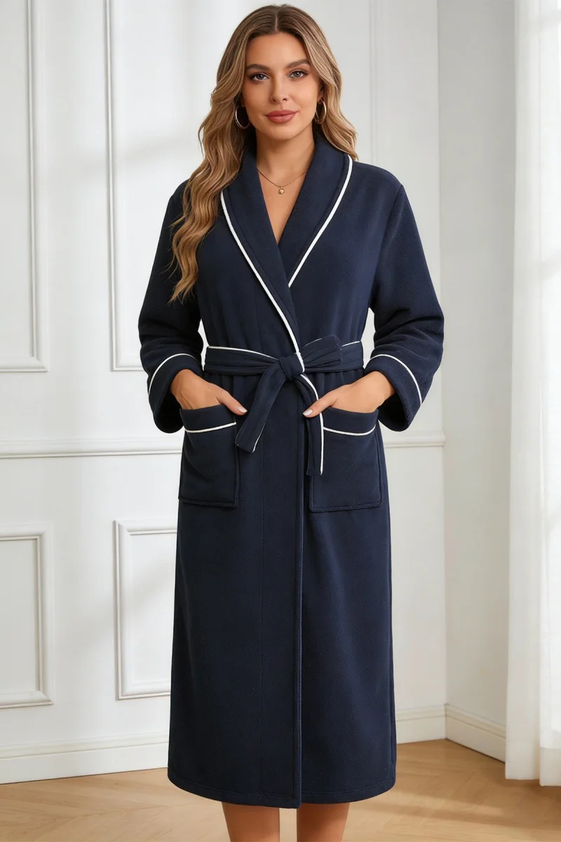 Women's Terry Bathrobe Soft Absorbent with Pockets Navy Blue Hotel Style Lightweight Spa Loungewear