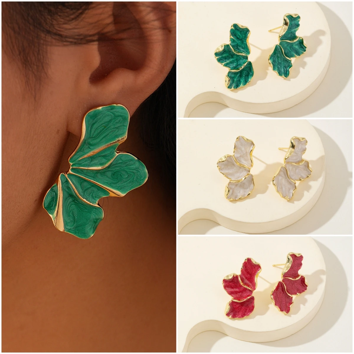 

Three Petal Petals Drop Earrings for Women Red Green White Enamel Oil Leaves Dangle Earrings Trendy Tiny Curl Side Jewelry