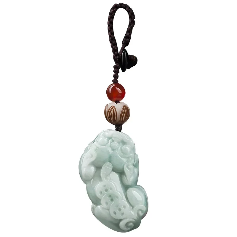 Burmese Jade Pixiu Sleutelhanger Tas Charme Mode Smaragd Designer Telefoon Charme Groene Jadeite Natuurlijke Leuke Charmes Polsbandje