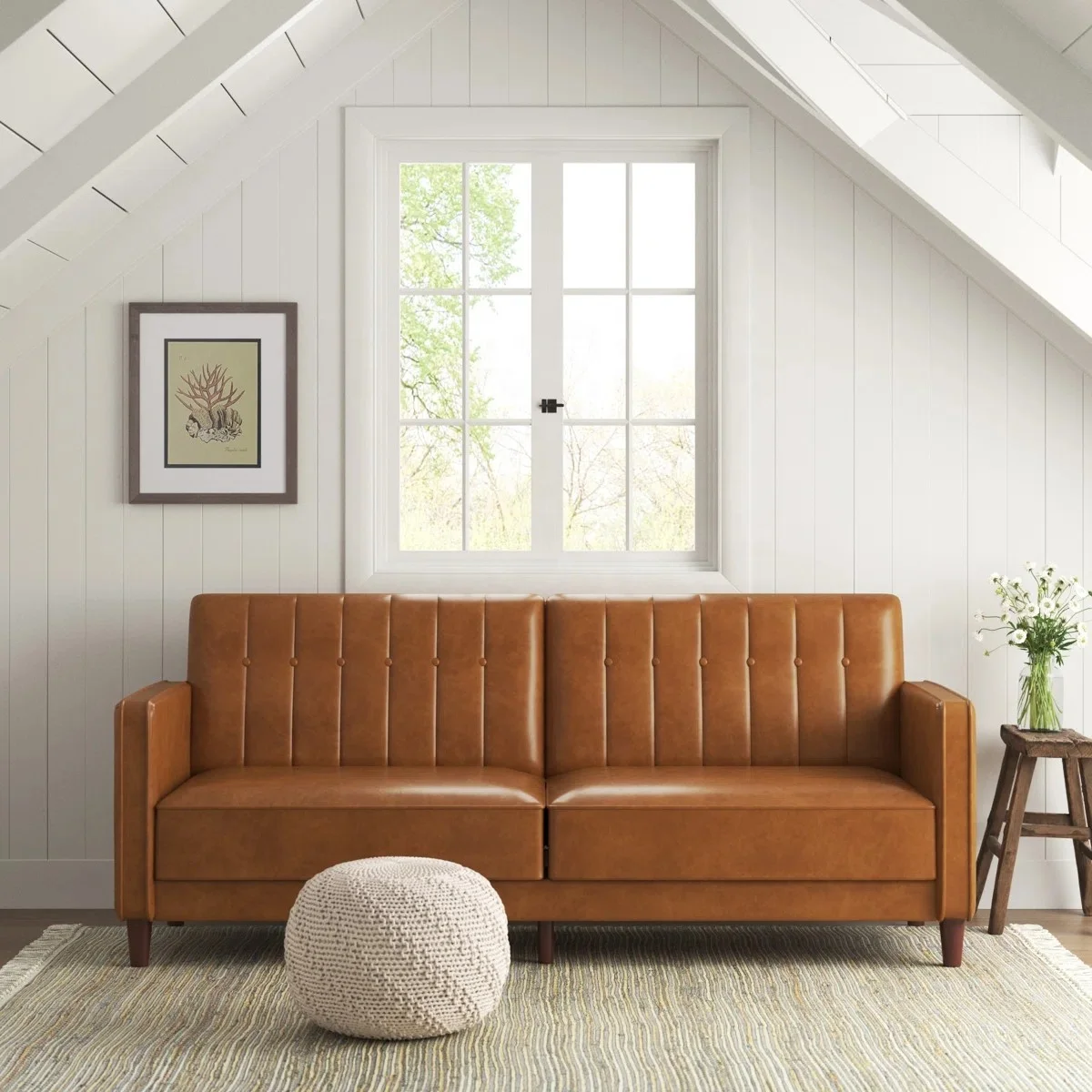 #Faux Leather Channel Tufted 2 Seater Convertible Sofa Bed with Wood Legs Mid-Century Modern Small Space Living Room Furniture