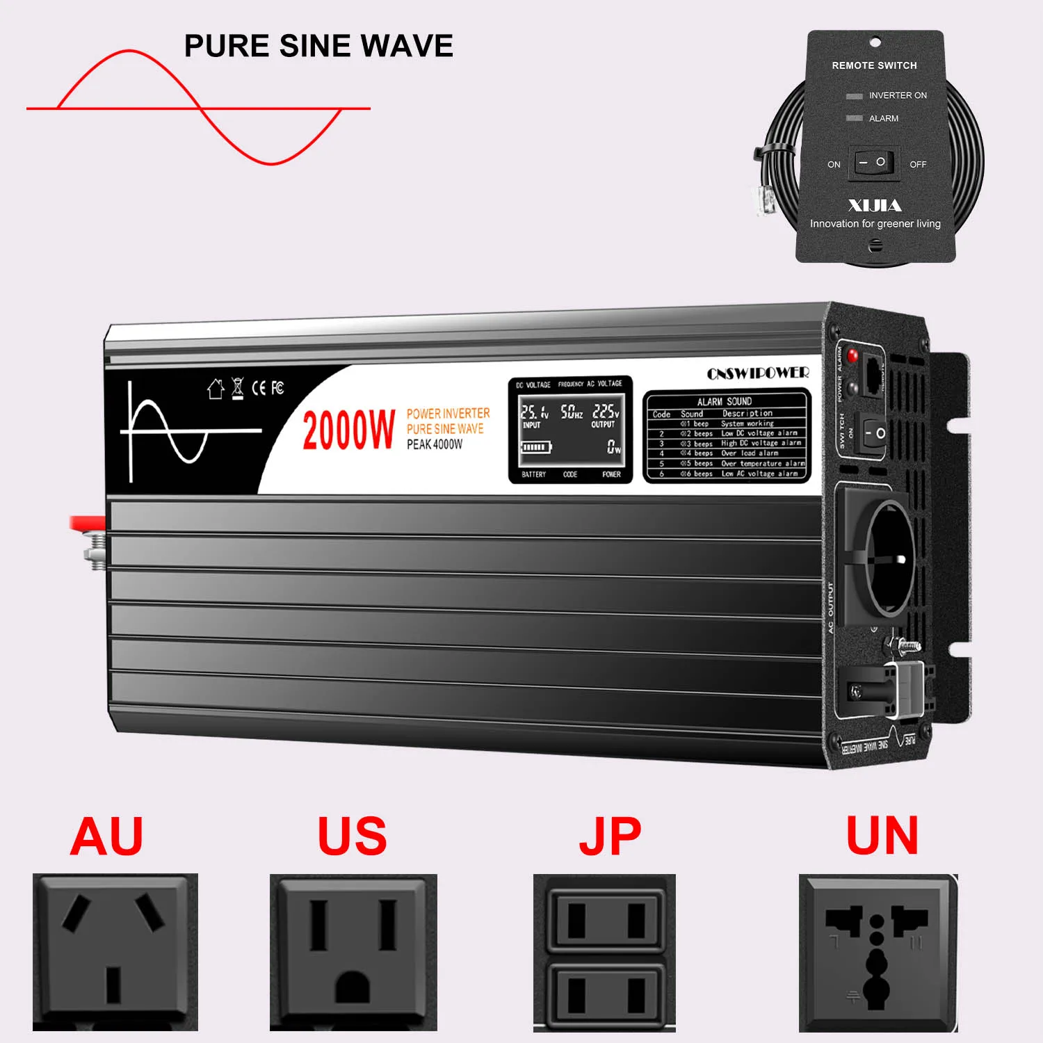 inversor de energia solar de onda senoidal pura de 2000w dc 12v 24v 48v para ac 110v 220v display lcd 01