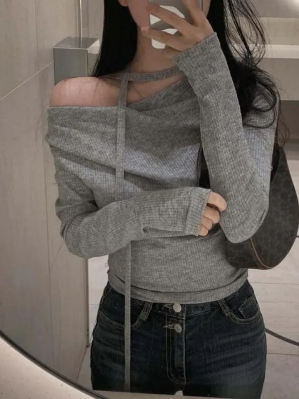 Chic Vintage Style Long Sleeve Shoulder Bared Women's T Shirt Slimming Fashionable Top Age Defying Elegant Personality Upperwear