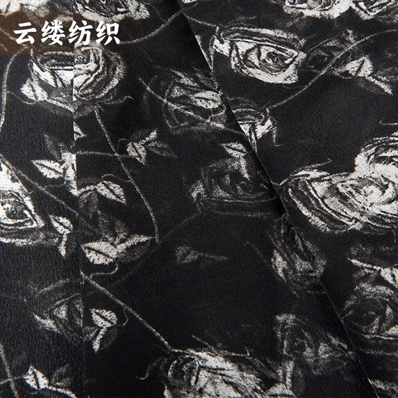 

Silk double crepe printed black base silver rose soft gauze light and transparent shawl dress fabric