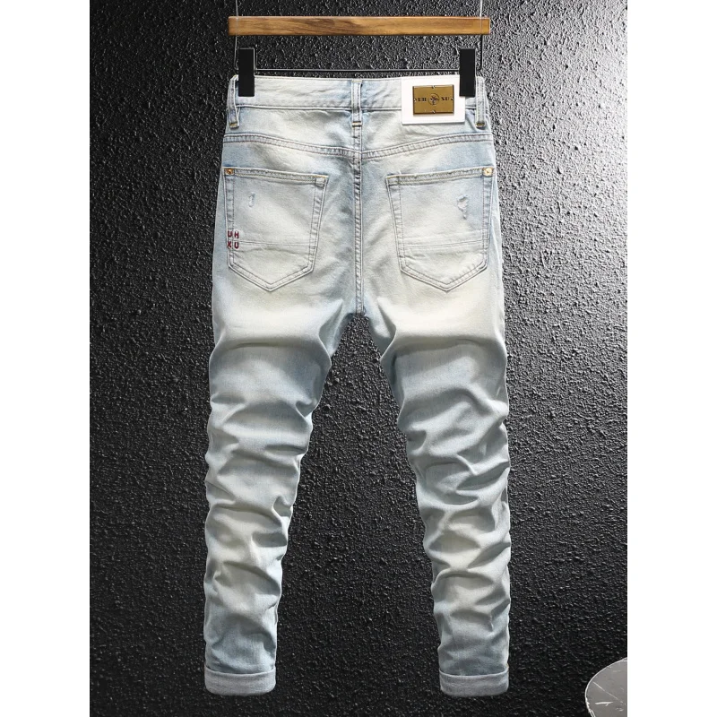 2025 streetwear Summer New Light Color Hole Jeans Men's Youth Washed Fashion Patch Straight Ankle-Length All-Matching P