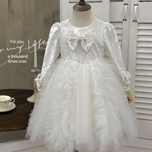 

Girls Skirt 2025 Autumn and Winter New Children's Clothes Girls Baby Sweet Velvet Sequin Bow Mesh Puffy Princess Dress
